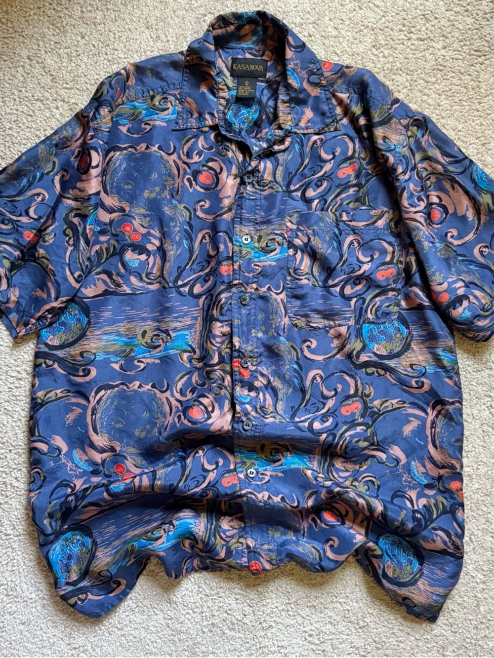 Vintage Kasanova 100% silk button up Large abstract swirl Earth pattern